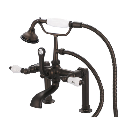 Water Creation | Vintage Classic 7 Inch Spread Deck Mount Tub Faucet With 6 Inch Risers & Handheld Shower in Oil-rubbed Bronze Finish Finish With Porcelain Lever Handles, Hot And Cold Labels Included | F6-0006-03-CL