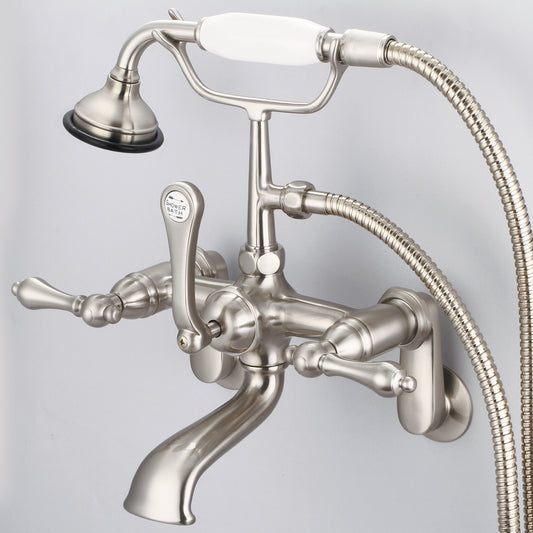 Water Creation | Vintage Classic Adjustable Center Wall Mount Tub Faucet With Swivel Wall Connector & Handheld Shower in Brushed Nickel Finish With Metal Lever Handles Without Labels | F6-0009-02-AL