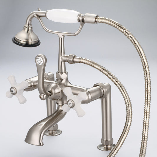 Water Creation | Vintage Classic 7 Inch Spread Deck Mount Tub Faucet With 6 Inch Risers & Handheld Shower in Brushed Nickel Finish With Porcelain Cross Handles, Hot And Cold Labels Included | F6-0006-02-PX