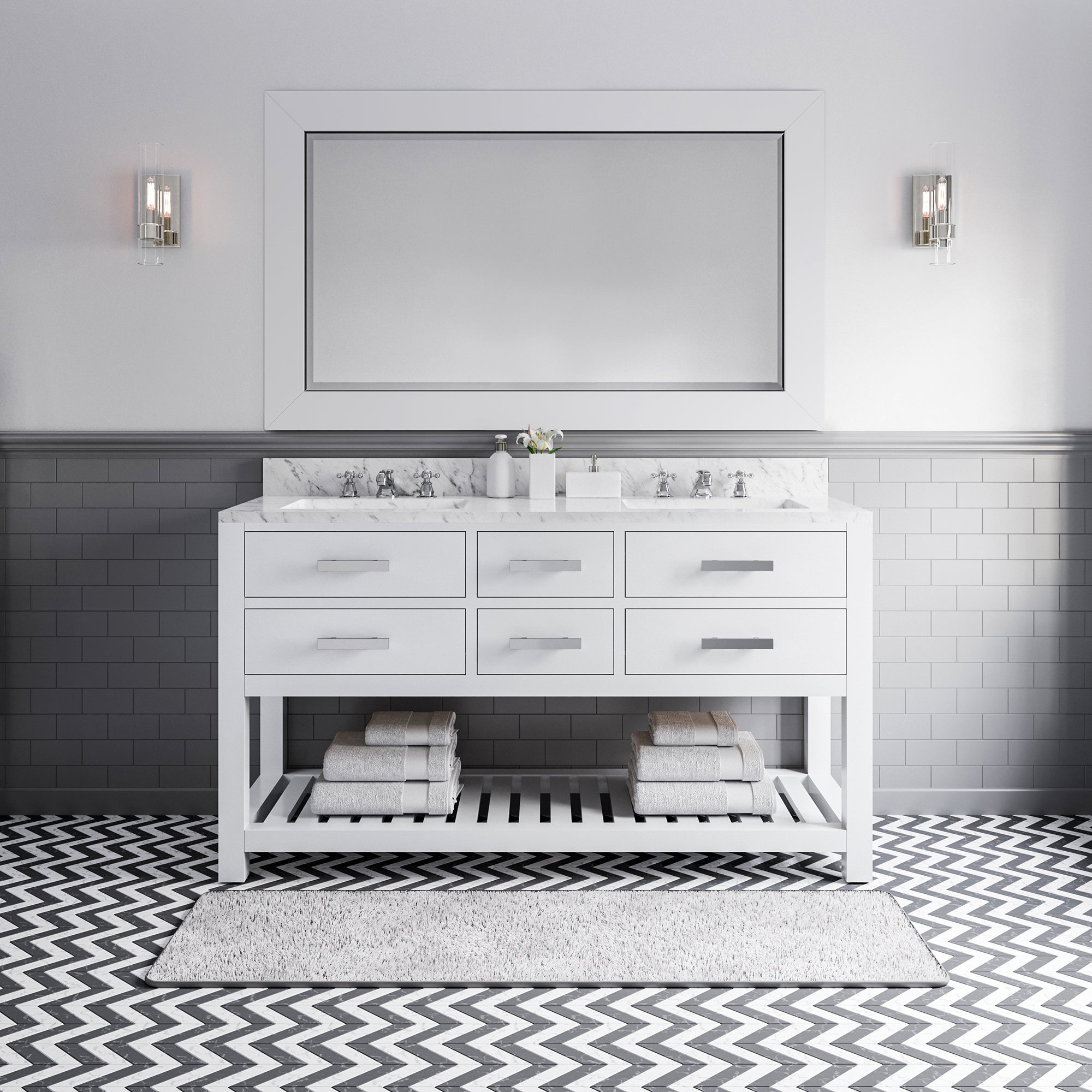 Water Creation | 60 Inch Pure White Double Sink Bathroom Vanity With Matching Framed Mirror And Faucet From The Madalyn Collection | MA60CW01PW-R60BX0901