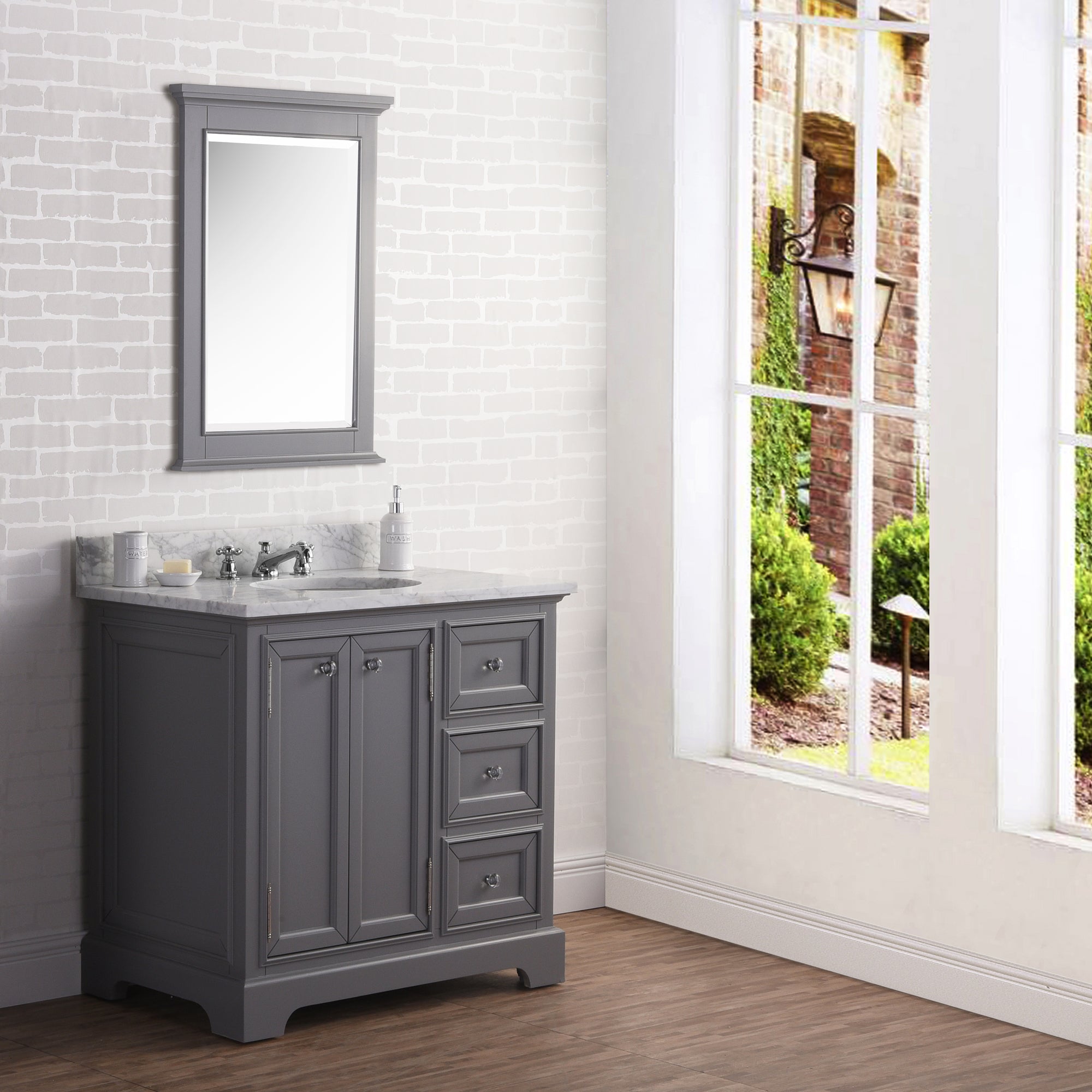 Water Creation | 36 Inch Wide Cashmere Grey Single Sink Carrara Marble Bathroom Vanity With Matching Mirror From The Derby Collection | DE36CW01CG-B24000000