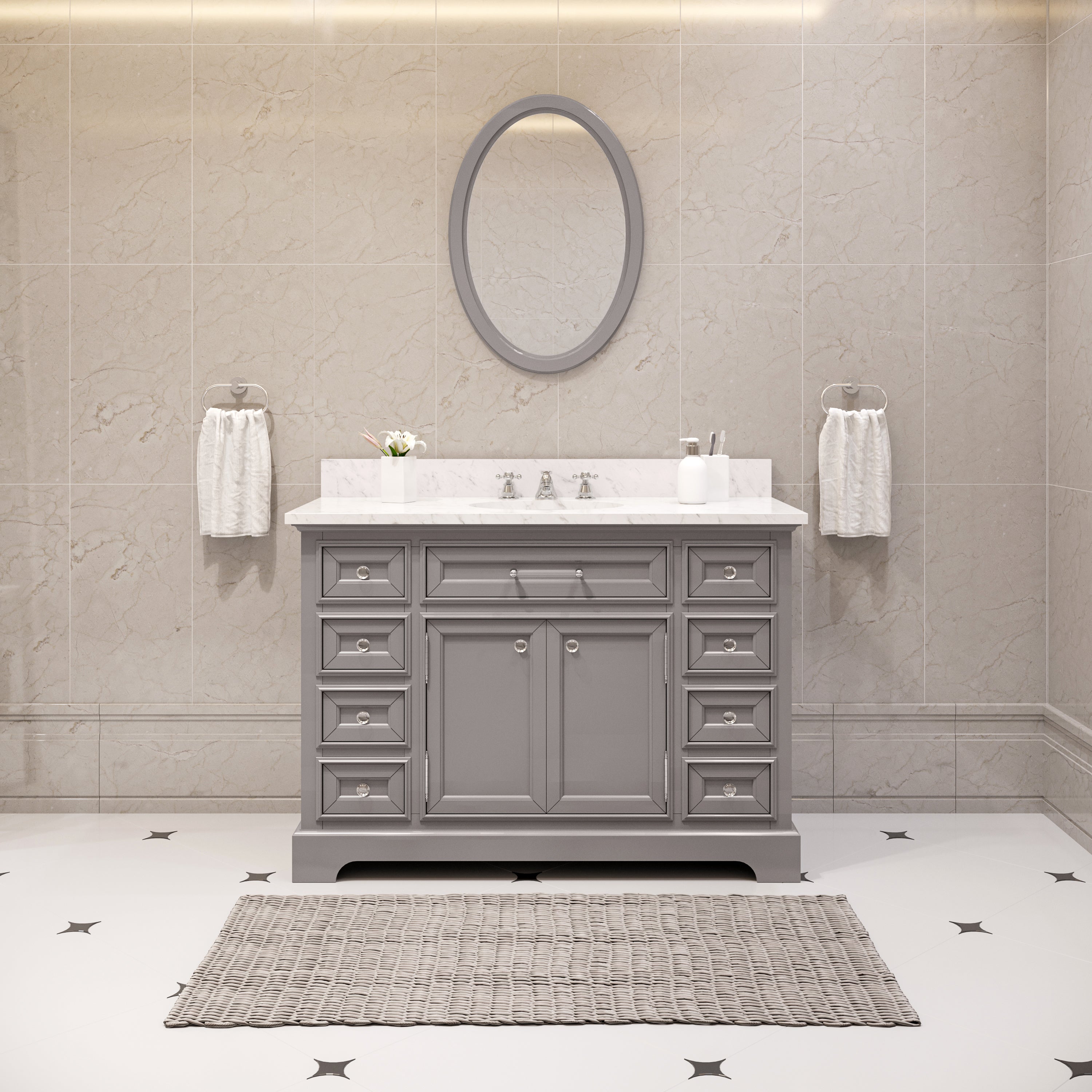 Water Creation | 48 Inch Cashmere Grey Single Sink Bathroom Vanity With Matching Framed Mirror And Faucet From The Derby Collection | DE48CW01CG-O24BX0901