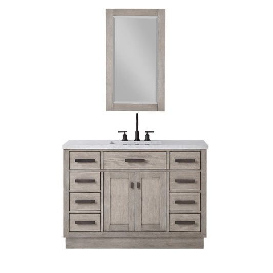 Water Creation | Chestnut 48 In. Single Sink Carrara White Marble Countertop Vanity In Grey Oak with Grooseneck Faucet and Mirror | CH48CW03GK-R21BL1403