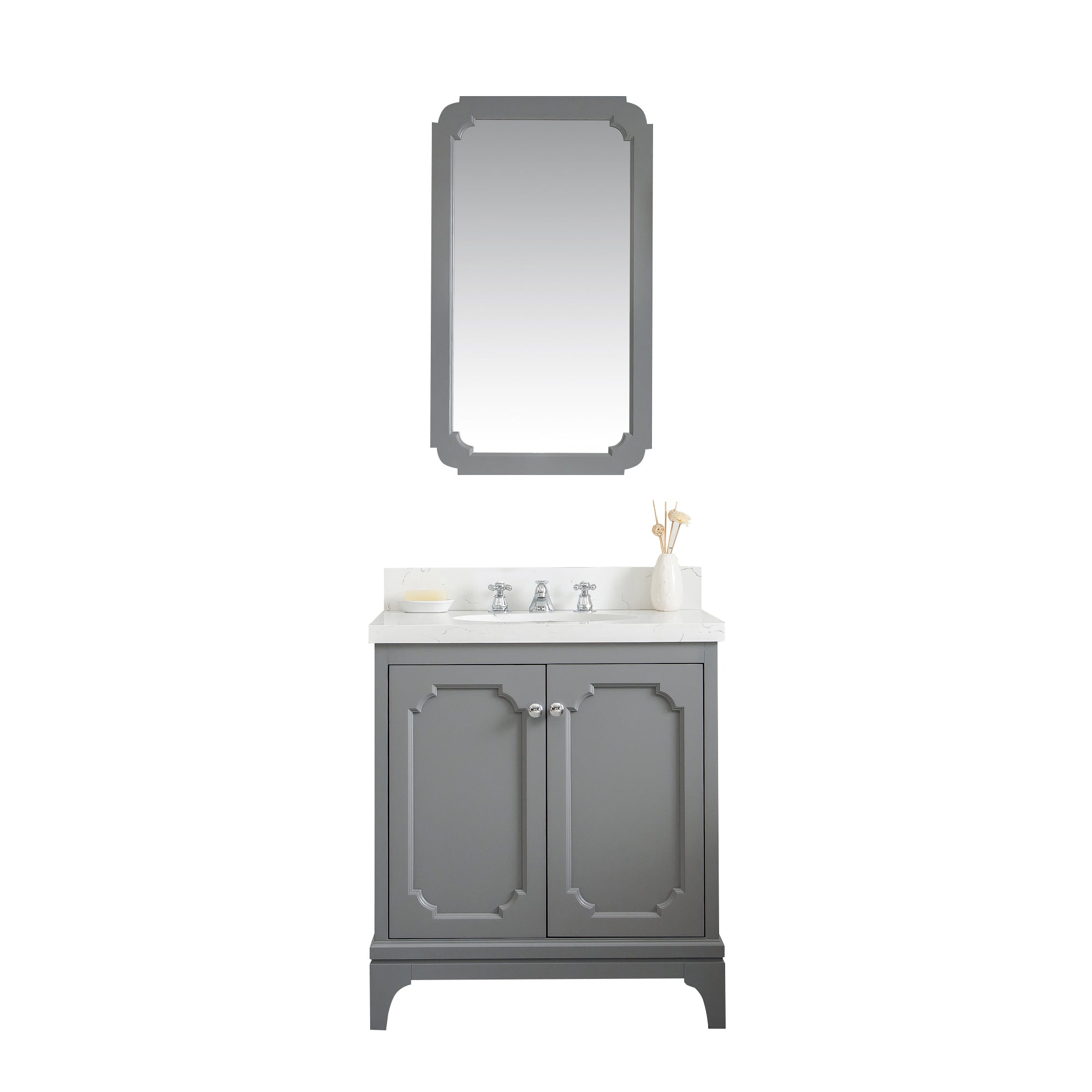 Water Creation | Queen 30-Inch Single Sink Quartz Carrara Vanity In Cashmere Grey With Matching Mirror(s) | QU30QZ01CG-Q21000000