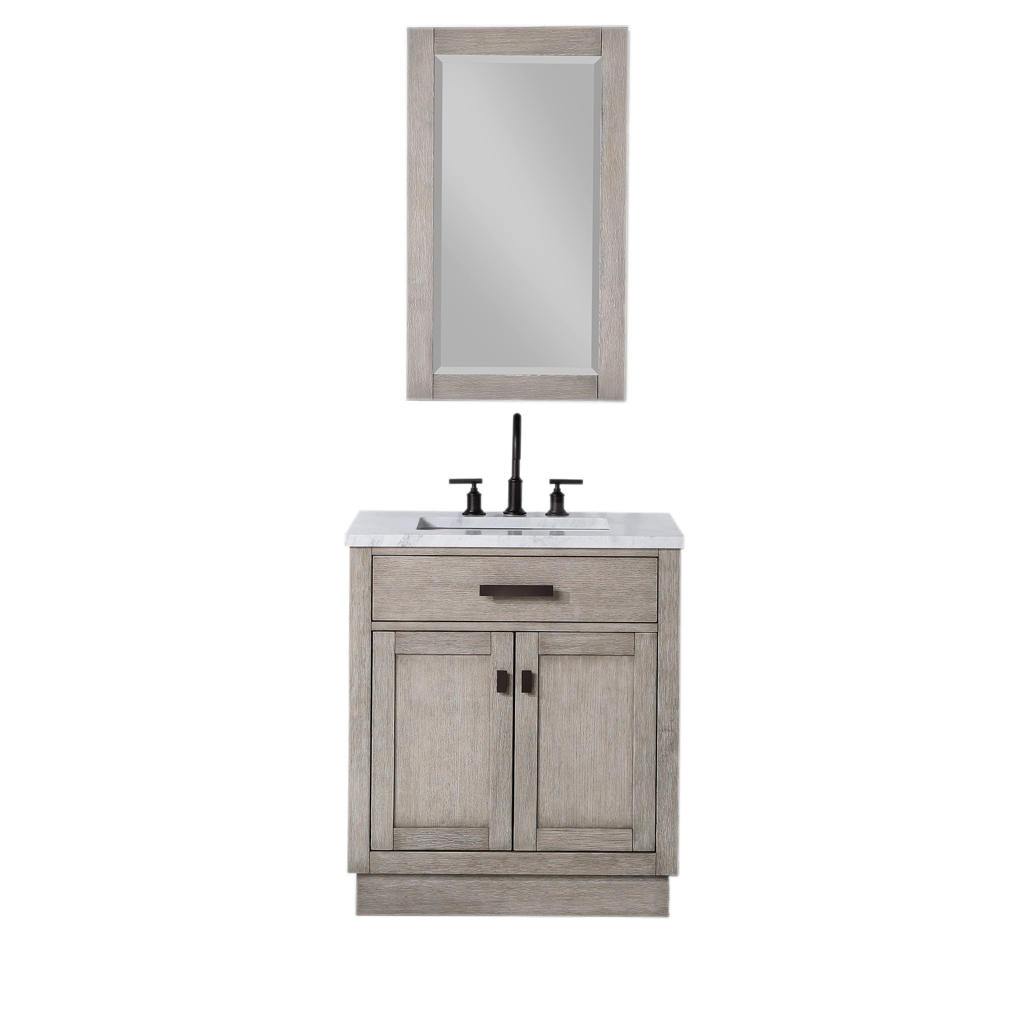 Water Creation | Chestnut 30 In. Single Sink Carrara White Marble Countertop Vanity In Grey Oak with Grooseneck Faucet and Mirror | CH30CW03GK-R21BL1403