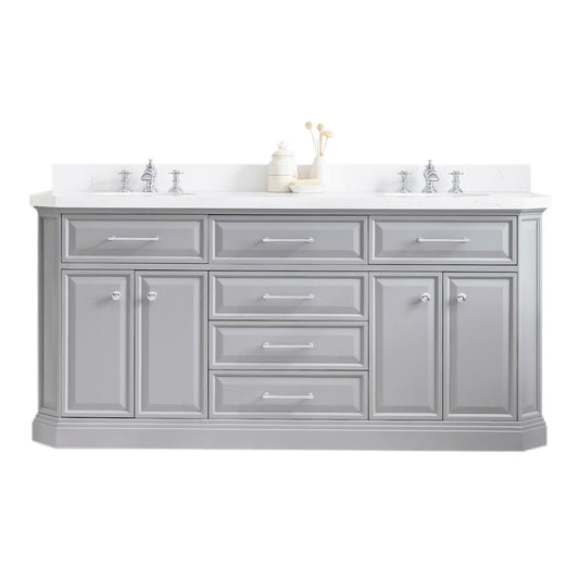 Water Creation | 72" Palace Collection Quartz Carrara Cashmere Grey Bathroom Vanity Set With Hardware And F2-0013 Faucets in Chrome Finish | PA72QZ01CG-000FX1301