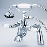 Water Creation | Vintage Classic 7 Inch Spread Deck Mount Tub Faucet With Handheld Shower in Chrome Finish With Porcelain Lever Handles Without labels | F6-0003-01-PL