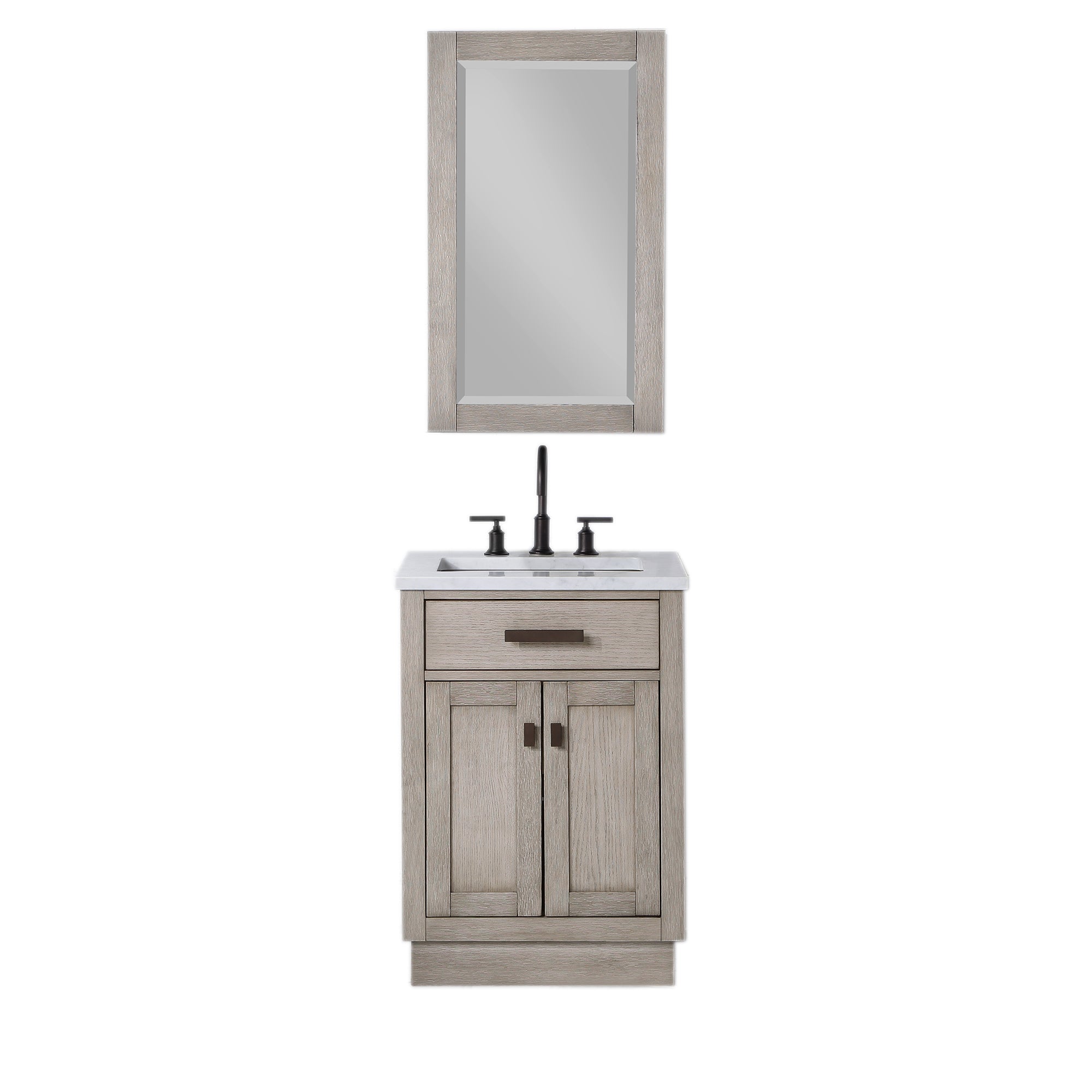 Water Creation | Chestnut 24 In. Single Sink Carrara White Marble Countertop Vanity In Grey Oak with Mirror | CH24CW03GK-R21000000
