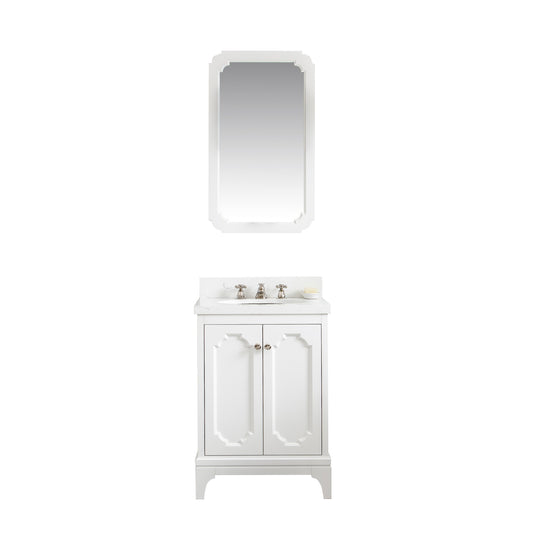 Water Creation | Queen 24-Inch Single Sink Quartz Carrara Vanity In Pure White With Matching Mirror(s) and F2-0009-05-BX Lavatory Faucet(s) | QU24QZ05PW-Q21BX0905