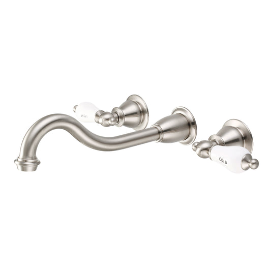 Water Creation | Elegant Spout Wall Mount Vessel/Lavatory Faucets in Brushed Nickel Finish With Porcelain Lever Handles, Hot And Cold Labels Included | F4-0001-02-CL