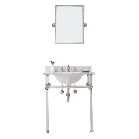 Water Creation | Empire 30 Inch Wide Single Wash Stand, P-Trap, Counter Top with Basin, F2-0013 Faucet and Mirror included in Polished Nickel (PVD) Finish | EP30E-0513