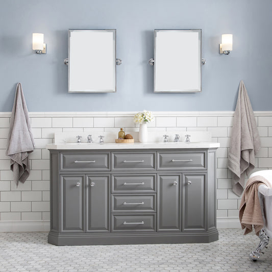 Water Creation | 60" Palace Collection Quartz Carrara Cashmere Grey Bathroom Vanity Set With Hardware And F2-0009 Faucets in Chrome Finish | PA60QZ01CG-000BX0901