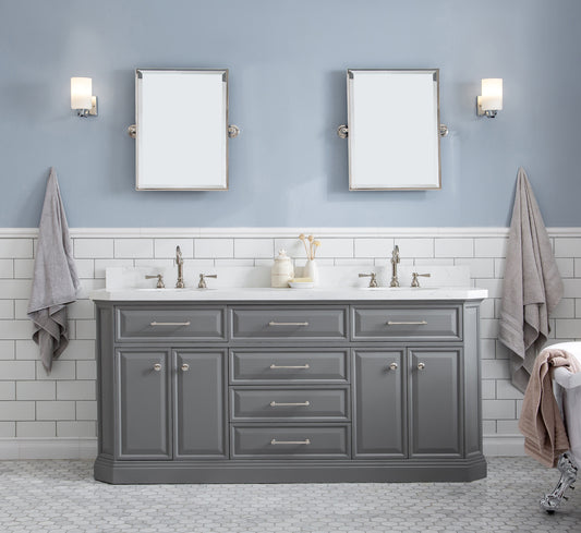Water Creation | 72" Palace Collection Quartz Carrara Cashmere Grey Bathroom Vanity Set With Hardware And F2-0012 Faucets in Polished Nickel (PVD) Finish | PA72QZ05CG-000TL1205
