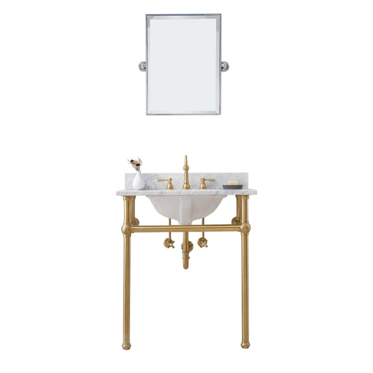 Water Creation | Embassy 30 Inch Wide Single Wash Stand, P-Trap, Counter Top with Basin, F2-0012 Faucet and Mirror included in Satin Gold Finish | EB30E-0612