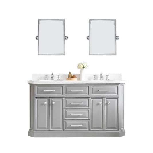 Water Creation | 60" Palace Collection Quartz Carrara Cashmere Grey Bathroom Vanity Set With Hardware And F2-0013 Faucets, Mirror in Chrome Finish | PA60QZ01CG-E18FX1301