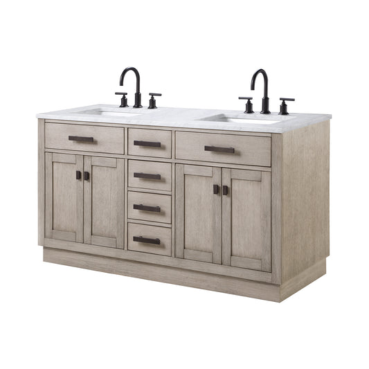 Water Creation | Chestnut 60 In. Double Sink Carrara White Marble Countertop Vanity In Grey Oak with Grooseneck Faucets | CH60CW03GK-000BL1403