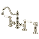 Water Creation | Bridge Style Kitchen Faucet With Side Spray To Match in Polished Nickel (PVD) Finish With Porcelain Lever Handles Without labels | F5-0010-05-PL