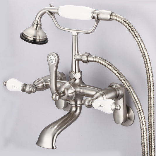 Water Creation | Vintage Classic Adjustable Center Wall Mount Tub Faucet With Swivel Wall Connector & Handheld Shower in Brushed Nickel Finish With Porcelain Lever Handles, Hot And Cold Labels Included | F6-0009-02-CL