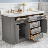 Water Creation | 60" Palace Collection Quartz Carrara Cashmere Grey Bathroom Vanity Set With Hardware And F2-0013 Faucets in Satin Gold Finish And Only Mirrors in Chrome Finish | PA60QZ06CG-E18FX1306