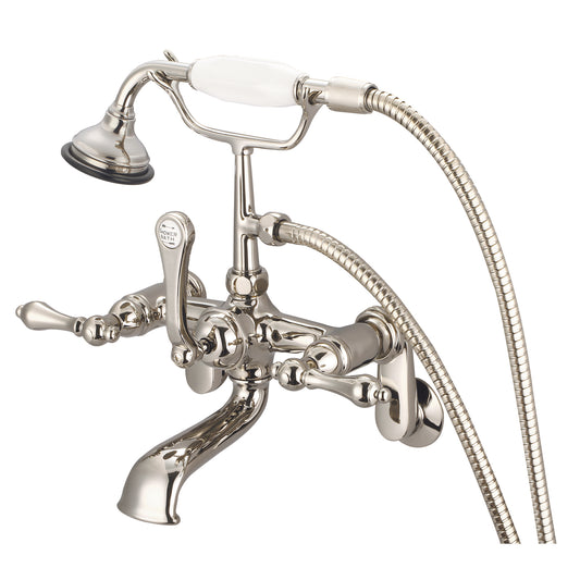 Water Creation | Vintage Classic Adjustable Center Wall Mount Tub Faucet With Swivel Wall Connector & Handheld Shower in Polished Nickel (PVD) Finish With Metal Lever Handles Without Labels | F6-0009-05-AL