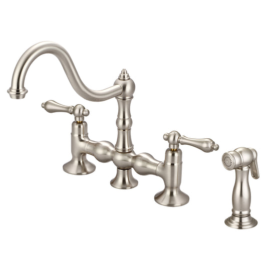 Water Creation | Bridge Style Kitchen Faucet With Side Spray To Match in Brushed Nickel Finish With Metal Lever Handles Without Labels | F5-0010-02-AL