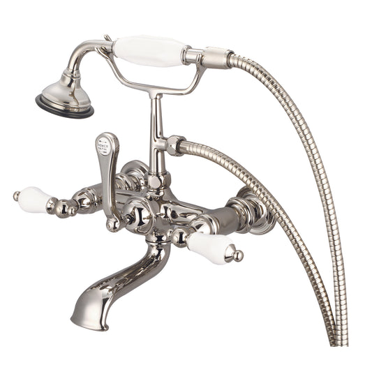 Water Creation | Vintage Classic 7 Inch Spread Wall Mount Tub Faucet With Straight Wall Connector & Handheld Shower in Polished Nickel (PVD) Finish With Porcelain Lever Handles Without labels | F6-0010-05-PL