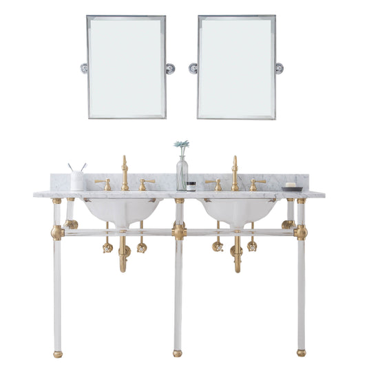 Water Creation | Empire 60 Inch Wide Double Wash Stand, P-Trap, Counter Top with Basin, F2-0012 Faucet and Mirror included in Satin Gold Finish | EP60E-0612