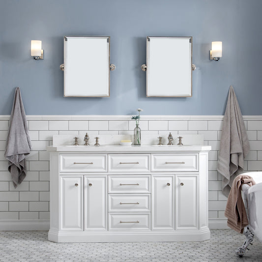 Water Creation | 60" Palace Collection Quartz Carrara Pure White Bathroom Vanity Set With Hardware And F2-0013 Faucets, Mirror in Polished Nickel (PVD) Finish | PA60QZ05PW-E18FX1305