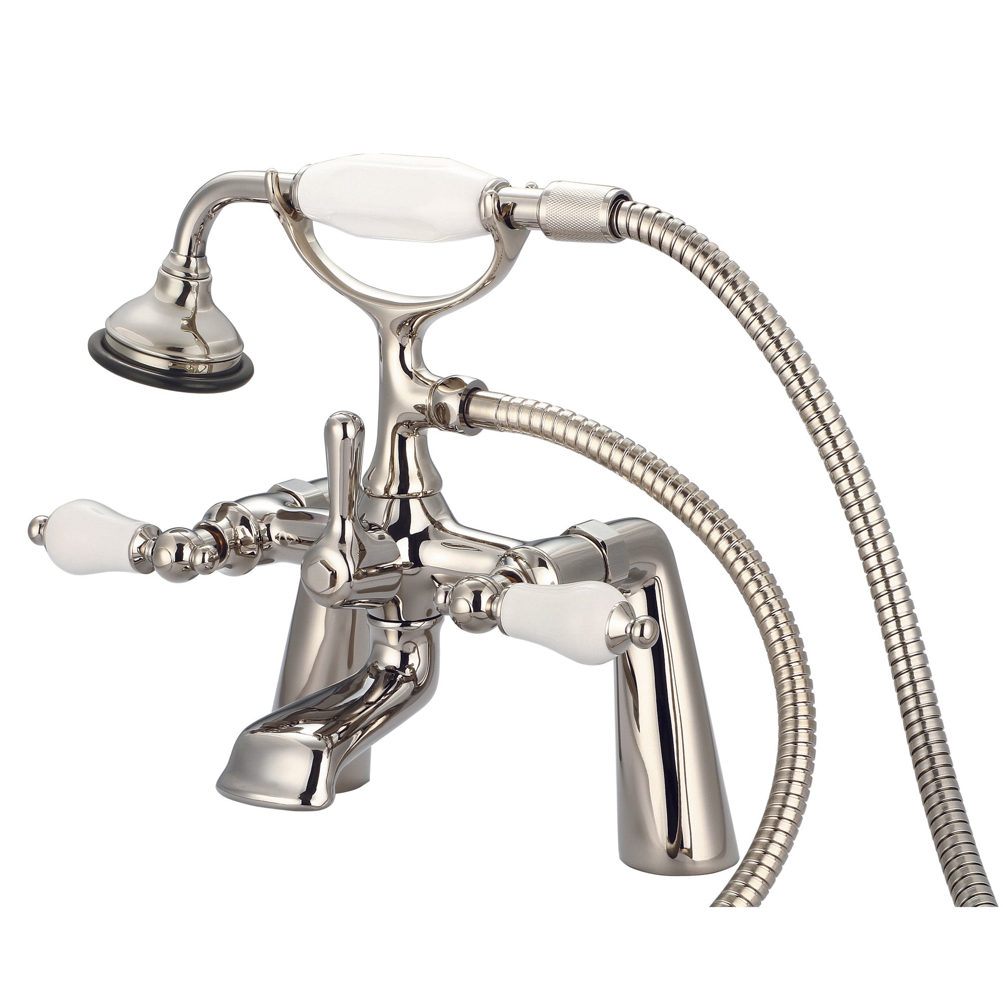 Water Creation | Vintage Classic 7 Inch Spread Deck Mount Tub Faucet With Handheld Shower in Polished Nickel (PVD) Finish With Porcelain Lever Handles Without labels | F6-0003-05-PL