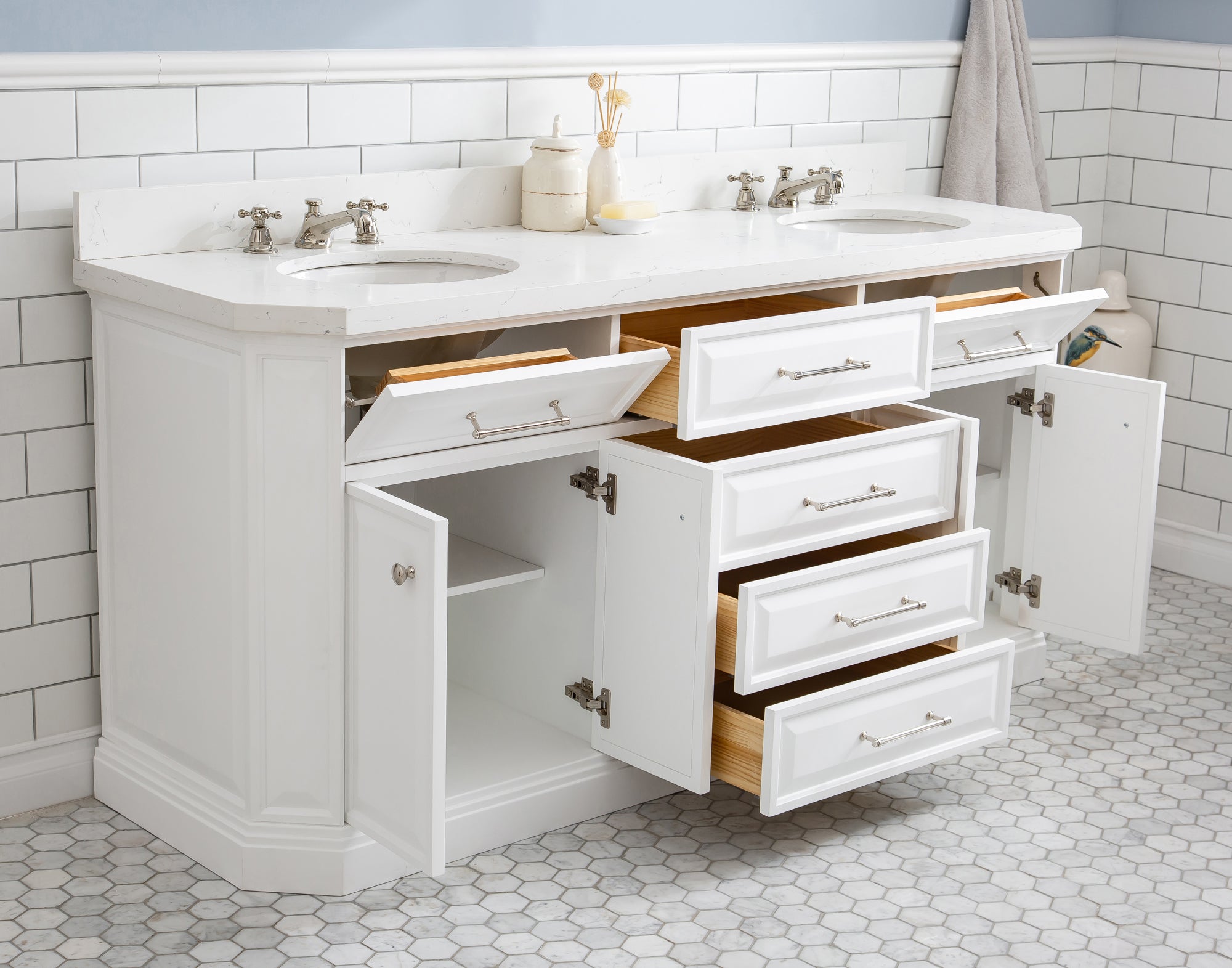 Water Creation | 72" Palace Collection Quartz Carrara Pure White Bathroom Vanity Set With Hardware And F2-0009 Faucets in Polished Nickel (PVD) Finish | PA72QZ05PW-000BX0905