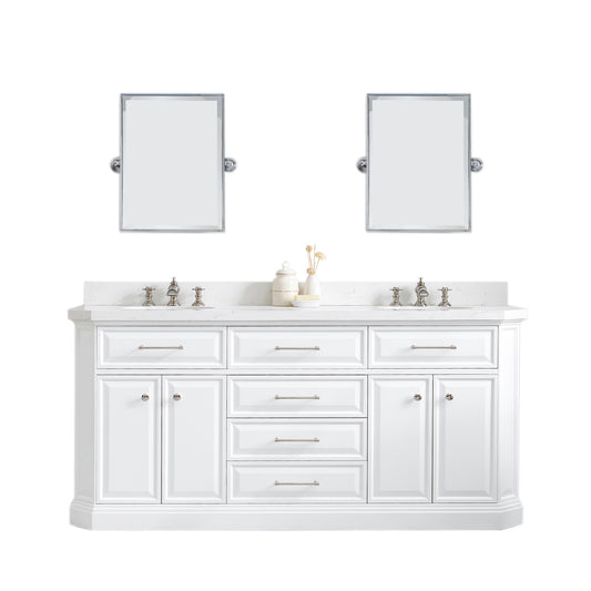 Water Creation | 72" Palace Collection Quartz Carrara Pure White Bathroom Vanity Set With Hardware And F2-0013 Faucets, Mirror in Polished Nickel (PVD) Finish | PA72QZ05PW-E18FX1305