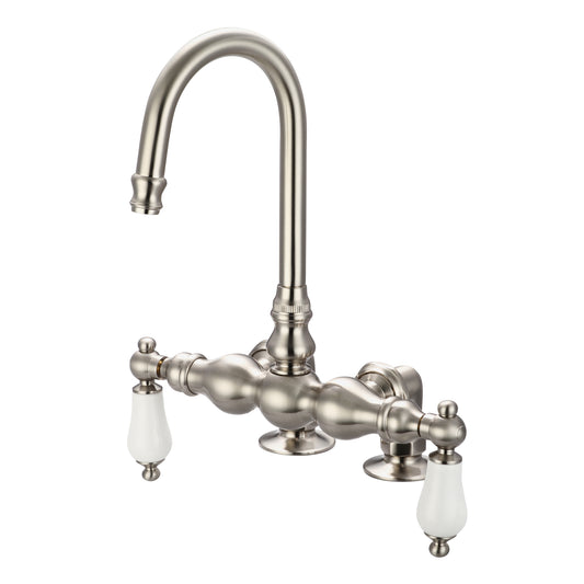 Water Creation | Vintage Classic 3.375 Inch Center Deck Mount Tub Faucet With Gooseneck Spout & 2 Inch Risers in Brushed Nickel Finish With Porcelain Lever Handles Without labels | F6-0016-02-PL