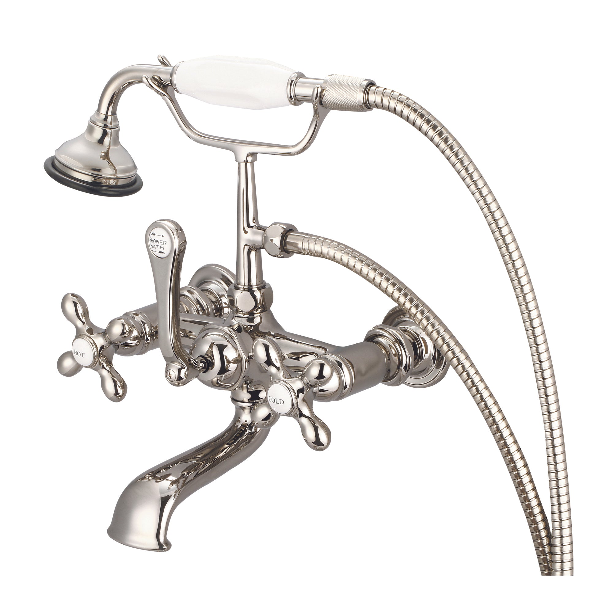Water Creation | Vintage Classic 7 Inch Spread Wall Mount Tub Faucet With Straight Wall Connector & Handheld Shower in Polished Nickel (PVD) Finish With Metal Lever Handles, Hot And Cold Labels Included | F6-0010-05-AX