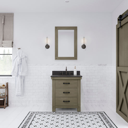 Water Creation | 30 Inch Grizzle Grey Single Sink Bathroom Vanity With Mirror And Faucet With Blue Limestone Counter Top From The ABERDEEN Collection | AB30BL03GG-A24BX1203