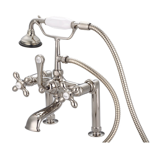 Water Creation | Vintage Classic 7 Inch Spread Deck Mount Tub Faucet With 6 Inch Risers & Handheld Shower in Polished Nickel (PVD) Finish With Metal Lever Handles, Hot And Cold Labels Included | F6-0006-05-AX