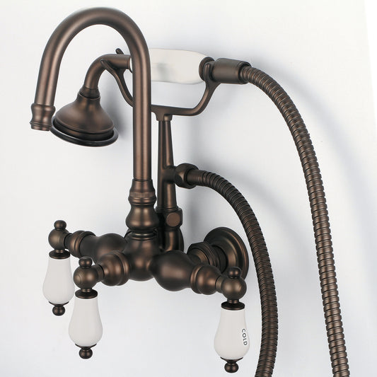 Water Creation | Vintage Classic 3.375 Inch Center Wall Mount Tub Faucet With Gooseneck Spout, Straight Wall Connector & Handheld Shower in Oil-rubbed Bronze Finish Finish With Porcelain Lever Handles, Hot And Cold Labels Included | F6-0012-03-CL