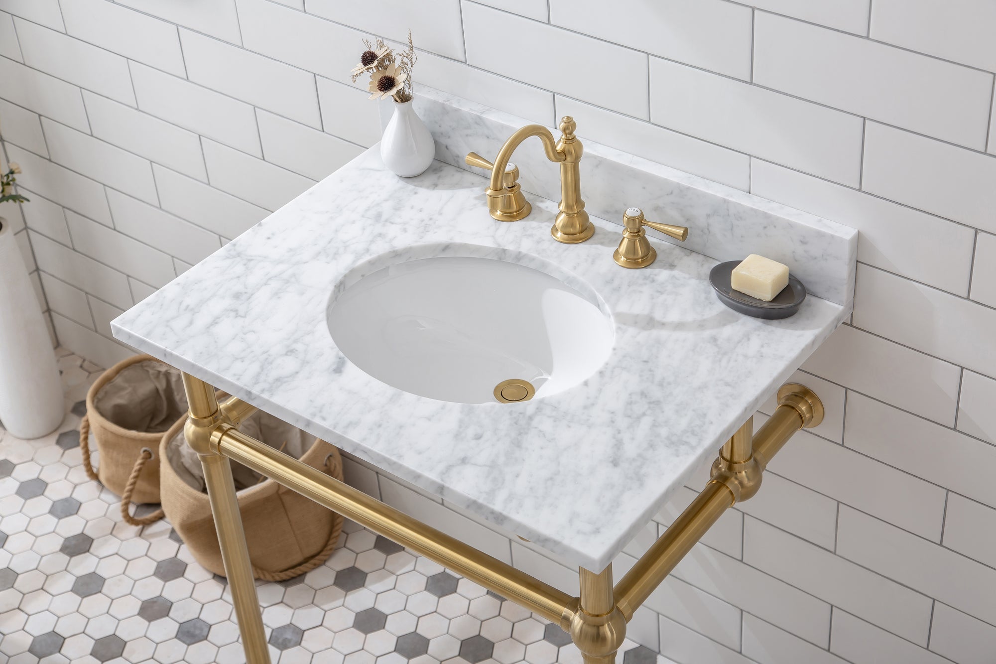 Water Creation | Embassy 30 Inch Wide Single Wash Stand, P-Trap, Counter Top with Basin, F2-0012 Faucet and Mirror included in Satin Gold Finish | EB30E-0612