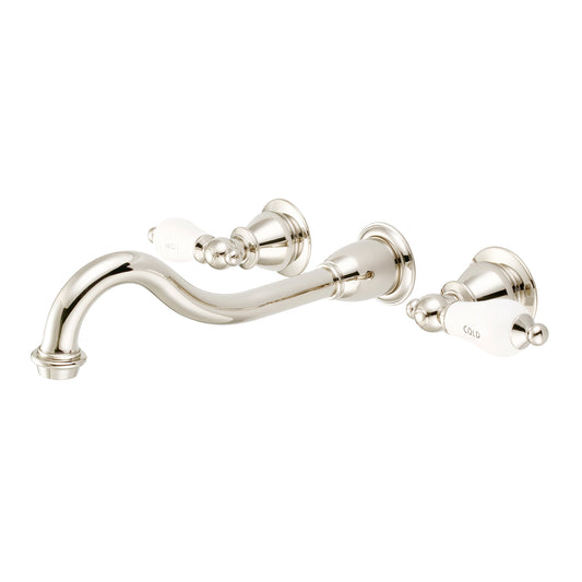 Water Creation | Elegant Spout Wall Mount Vessel/Lavatory Faucets in Polished Nickel (PVD) Finish With Porcelain Lever Handles, Hot And Cold Labels Included | F4-0001-05-CL