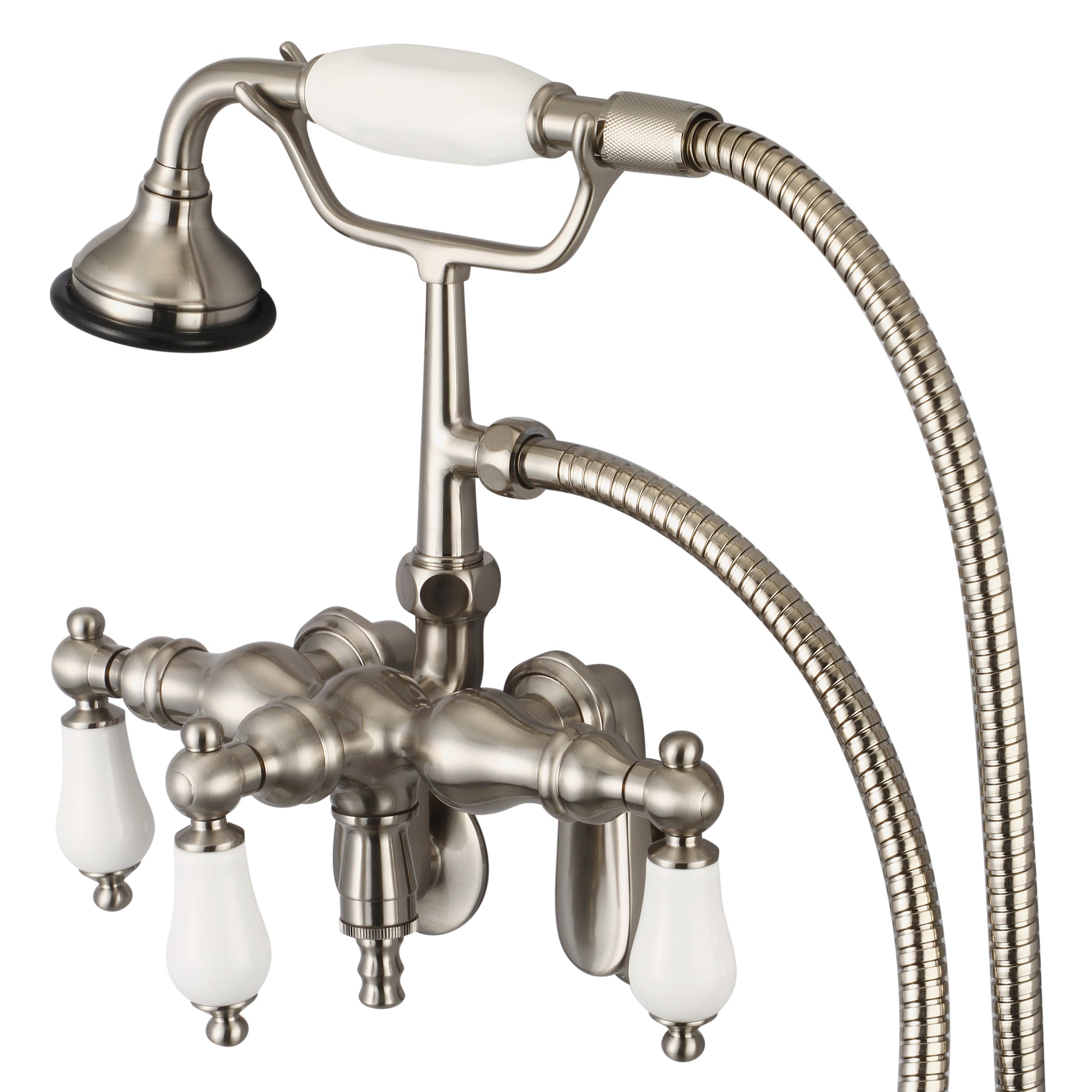 Water Creation | Vintage Classic Adjustable Center Wall Mount Tub Faucet With Down Spout, Swivel Wall Connector & Handheld Shower in Brushed Nickel Finish With Porcelain Lever Handles Without labels | F6-0018-02-PL