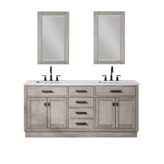 Water Creation | Chestnut 72 In. Double Sink Carrara White Marble Countertop Vanity In Grey Oak with Mirrors | CH72CW03GK-R21000000