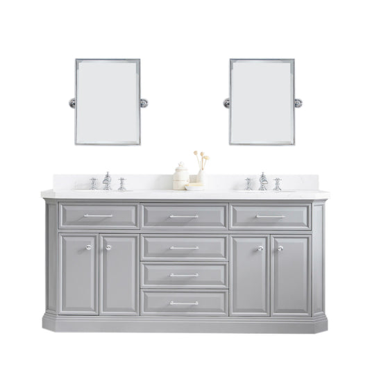 Water Creation | 72" Palace Collection Quartz Carrara Cashmere Grey Bathroom Vanity Set With Hardware And F2-0013 Faucets, Mirror in Chrome Finish | PA72QZ01CG-E18FX1301
