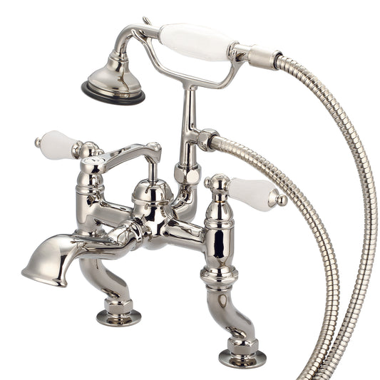 Water Creation | Vintage Classic Adjustable Center Deck Mount Tub Faucet With Handheld Shower in Polished Nickel (PVD) Finish With Porcelain Lever Handles Without labels | F6-0004-05-PL