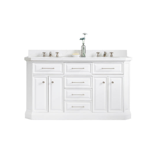 Water Creation | 60" Palace Collection Quartz Carrara Pure White Bathroom Vanity Set With Hardware in Polished Nickel (PVD) Finish | PA60QZ05PW-000000000