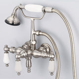 Water Creation | Vintage Classic 3.375 Inch Center Wall Mount Tub Faucet With Down Spout, Straight Wall Connector & Handheld Shower in Brushed Nickel Finish With Porcelain Lever Handles Without labels | F6-0017-02-PL