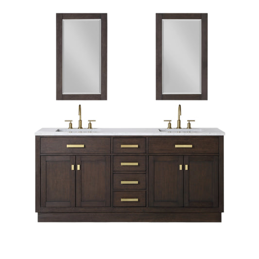 Water Creation | Chestnut 72 In. Double Sink Carrara White Marble Countertop Vanity In Brown Oak with Grooseneck Faucets and Mirrors | CH72CW06BK-R21BL1406