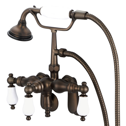 Water Creation | Vintage Classic Adjustable Center Wall Mount Tub Faucet With Down Spout, Swivel Wall Connector & Handheld Shower in Oil-rubbed Bronze Finish Finish With Porcelain Lever Handles Without labels | F6-0018-03-PL