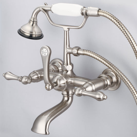 Water Creation | Vintage Classic 7 Inch Spread Wall Mount Tub Faucet With Straight Wall Connector & Handheld Shower in Brushed Nickel Finish With Metal Lever Handles Without Labels | F6-0010-02-AL