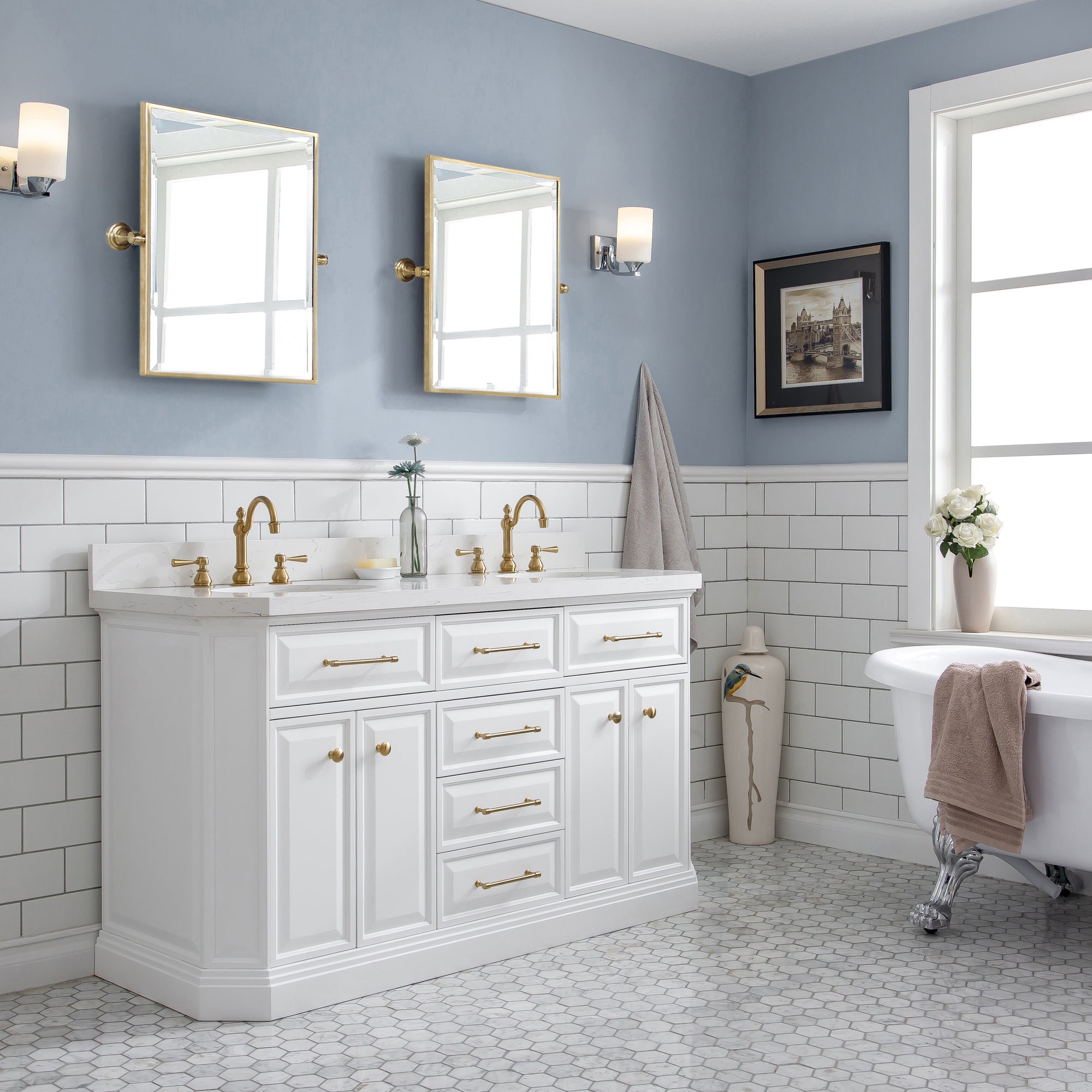 Water Creation | 60" Palace Collection Quartz Carrara Pure White Bathroom Vanity Set With Hardware And F2-0012 Faucets in Satin Gold Finish And Only Mirrors in Chrome Finish | PA60QZ06PW-E18TL1206