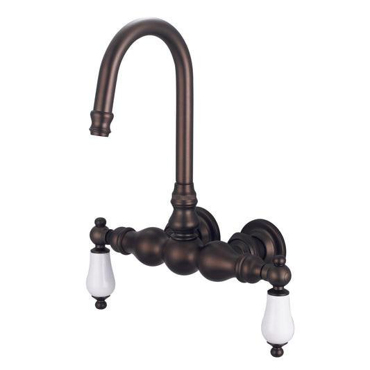 Water Creation | Vintage Classic 3.375 Inch Center Wall Mount Tub Faucet With Gooseneck Spout & Straight Wall Connector in Oil-rubbed Bronze Finish Finish With Porcelain Lever Handles Without labels | F6-0014-03-PL
