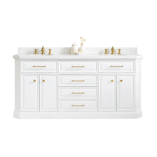 Water Creation | 72" Palace Collection Quartz Carrara Pure White Bathroom Vanity Set With Hardware And F2-0013 Faucets in Satin Gold Finish And Only Mirrors in Chrome Finish | PA72QZ06PW-000FX1306